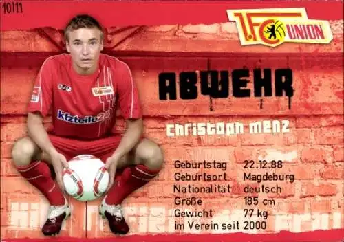 Autogrammkarte Fußballer Christoph Menz, 1. FC Union Berlin, Autogramm