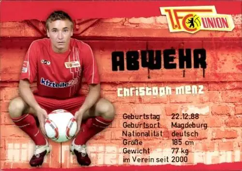 Autogrammkarte Fußballer Christoph Menz, 1. FC Union Berlin, Autogramm