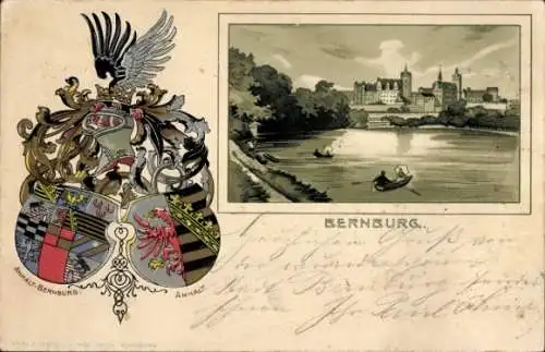 Präge Wappen Litho Bernburg an der Saale, Gesamtansicht, Anhalt, Anhalt-Bernburg