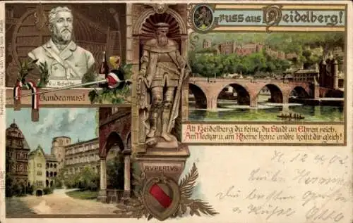 Litho Heidelberg am Neckar, Brücke, Rupertus-Denkmal, Wappen