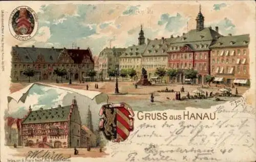 Präge Wappen Künstler Litho Joost, R., Hanau Main Kinzig Kreis, Rathaus, Marktplatz