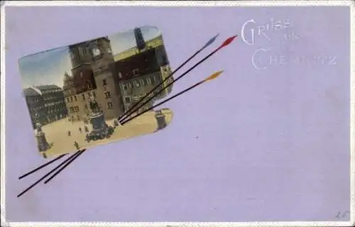 Ak Chemnitz in Sachsen, Platz, Denkmal, Pinsel