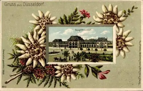 Präge Passepartout Ak Düsseldorf, Ansicht des Hauptbahnhofes, Blumen