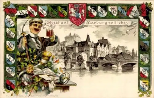 Studentika Wappen Litho Marburg an der Lahn, Gesamtansicht, Student trinkt Bier