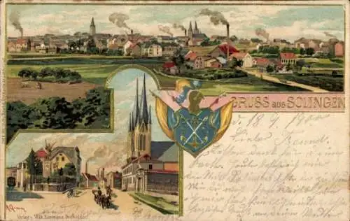 Künstler Präge Litho Grimm, A., Solingen im Bergischen Land, Panorama, Wappen, Kirche