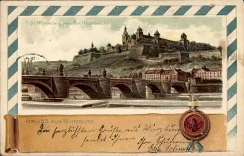 Präge Passepartout Litho Würzburg am Main Unterfranken, Marienberg, Mainbrücke