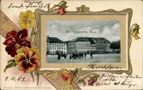 Präge Passepartout Ak Bischofswerda in Sachsen, Markt, Stiefmütterchen