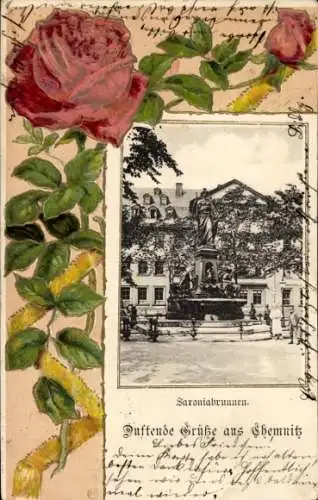 Präge Ak Chemnitz in Sachsen, Saroniabrunnen, Rosen