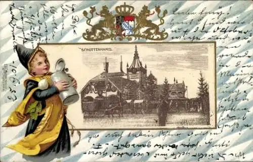Präge Passepartout Litho München, Schottenhammel, Münchner Kindl, Wappen