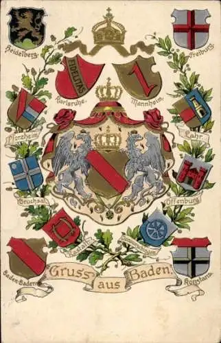 Präge Wappen Ak Baden, Heidelberg, Karlsruhe, Mannheim, Baden-Baden