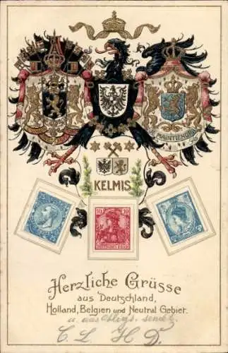 Präge Wappen Briefmarken Ak Kelmis Wallonien Lüttich, Vierländereck