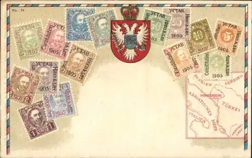 Briefmarken Ak Montenegro, Wappen, Landkarte
