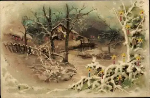 Litho Frohe Weihnachten, Tannenbaum, Dorfidyll