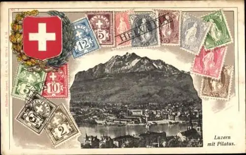 Präge Wappen Briefmarken Passepartout Ak Luzern Stadt Schweiz, Gesamtansicht, Pilatus
