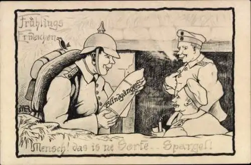 Künstler Ak Frühlingserwachen, Mensch, das is ne Sorte Spargel, deutsche Soldaten mit Blindgänger