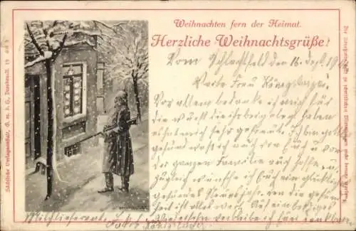 Ak Frohe Weihnachten, Weihnachten fern der Heimat, Soldat auf Wachtposten im Schnee, 1. WK