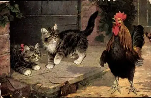 Künstler Ak zwei Katzen und ein Hahn