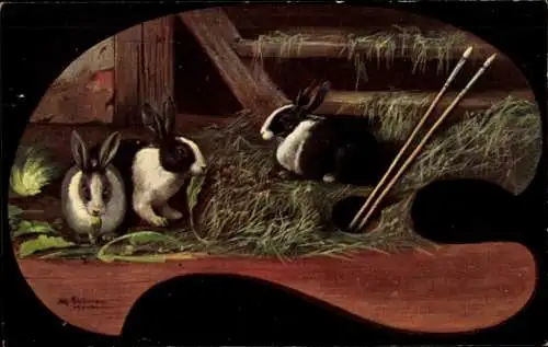 Passepartout Ak Schönian, Alfred, Drei schwarz weiße Kaninchen im Stall, Malerpalette