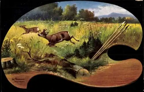 Künstler Ak Schönian, Alfred, Rehe springen durch Wiese, Malerpalette