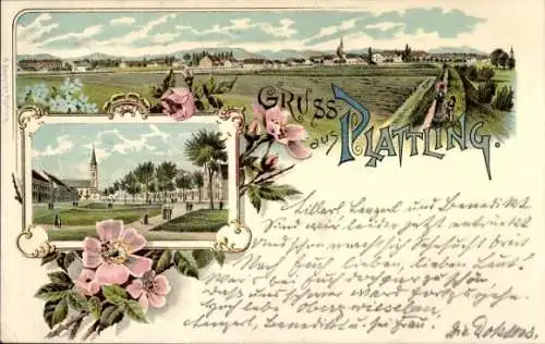 Litho Plattling in Niederbayern, Gesamtansicht, Platz mit Kirche
