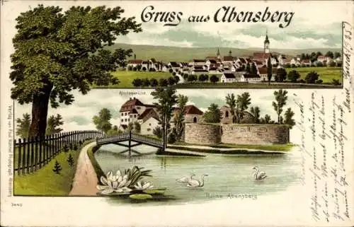 Litho Abensberg an der Abens Niederbayern, Gesamtansicht, Amtsgericht, Ruine Abensberg