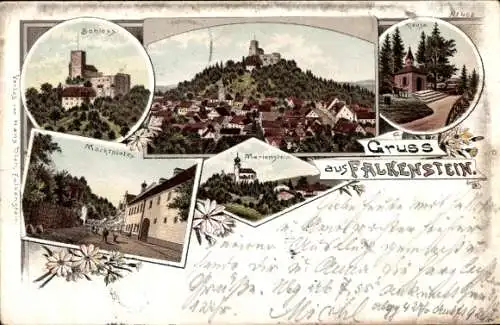 Litho Falkenstein in der Oberpfalz, Schloss, Klause, Marktplatz, Marienstein, Totale