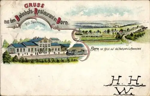 Litho  Born Lennep Remscheid im Bergischen Land, Bahnhof-Restauration Wilh. Spieckermann, Talsperre