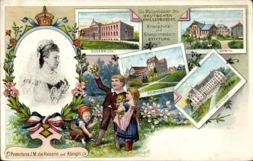Präge Litho Waisenhäuser des Deutschen Kriegerbundes, Osnabrück, Canth, Wittlich, Römhild, Kaiserin
