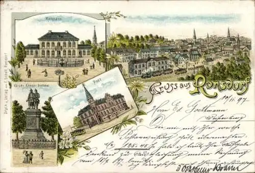 Litho Ronsdorf Wuppertal in Nordrhein Westfalen, Post, Rathaus, Kaiser Krieger Denkmal, Totale