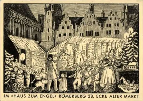 Künstler Ak Frankfurt M., Weihnachtsmarkt, Haus zum Engel, Römerberg 28, Alter Markt, Goetheplatz 9