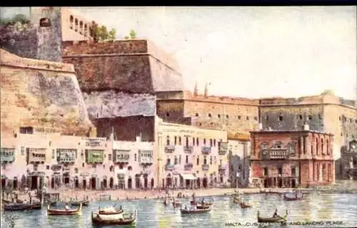 Künstler Ak Malta, Zollhaus und Marktplatz am Hafen