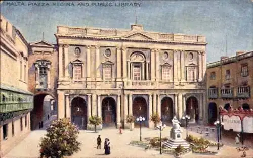 Künstler Ak Valletta Malta, Piazza Regina und öffentliche Bibliothek