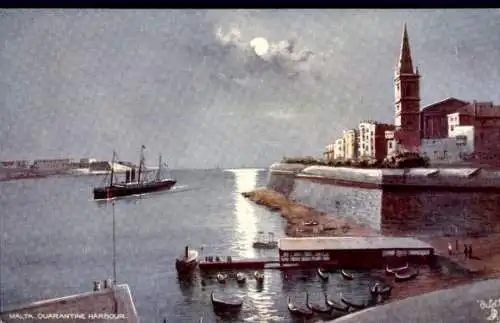 Ak Valletta Malta, Quarantänehafen, Stadtansicht, Mondschein, Schiffe, Hafenanlage