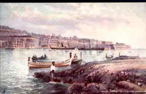 Künstler Ak Malta, Einfahrt in den Großen Hafen, Gondeln