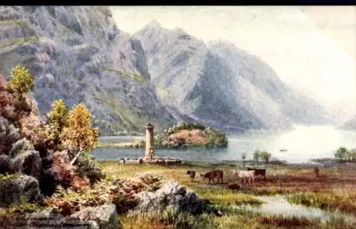Künstler Ak Loch Shiel Schottland, Panorama mit Turm und Kühen