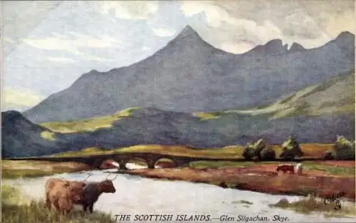 Künstler Ak Glen Sligachan Isle of Skye Schottland, Rinder im malerischen Gelände