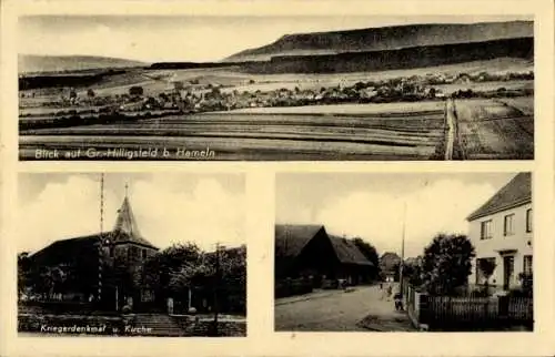 Ak Groß Hilligsfeld Hameln in Niedersachsen, Panorama, Kriegerdenkmal, Kirche, Straßenpartie