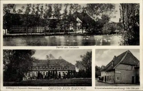 Ak Equord Hohenhameln in Niedersachsen, Rittergut, Herrenhaus, Teich, Geschäftshaus Otto Heuer