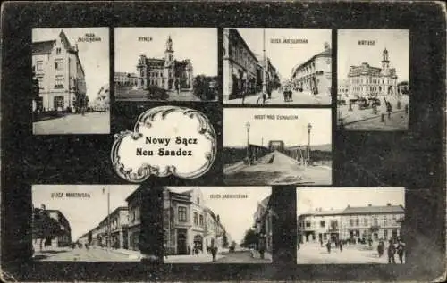 Ak Nowy Sącz Neu Sandez Polen, Stadtansichten,  Gebäude, Straßen, Brücke
