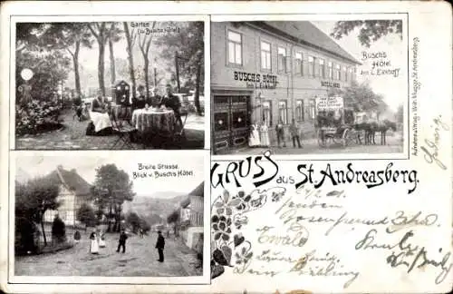 Ak St. Andreasberg Braunlage im Harz, Oderteich,  Garten, Busch's Hotel, Breite Straße, nostalgis