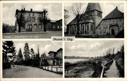 Ak Nusse im Herzogtum Lauenburg, Kirche, Straßenpartie, Geschäftshaus W. Linne