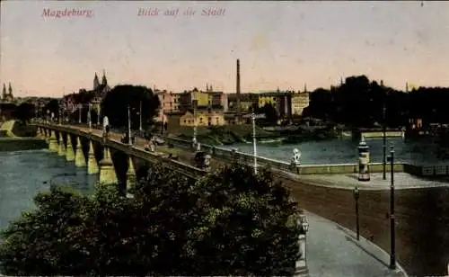 Ak Magdeburg an der Elbe, Brücke, Teilansicht, Litfaßsäule