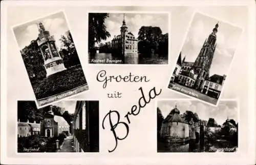Ak Breda Nordbrabant Niederlande,  Begijnhof, Monument Valkenberg, Kasteel Bouvigne, Toren Gro...