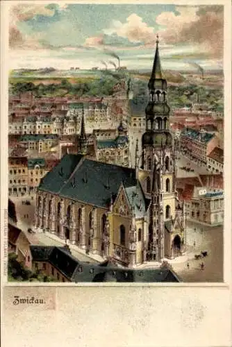Litho Zwickau in Sachsen, Kirche, Vogelschau