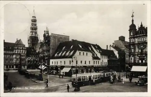 Ak Zwickau in Sachsen, Hauptmarkt, Straßenbahn