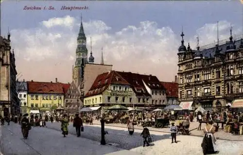 Ak Zwickau in Sachsen, Hauptmarkt, Fußgänger, Kirche St. Marien, Sonnenschirme, Marktbesucher