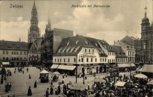 Ak Zwickau in Sachsen, Hauptmarkt, Fußgänger, Kirche St. Marien, Marktbesucher