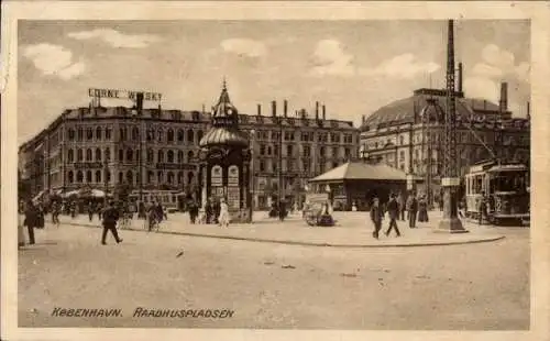 Ak København Kopenhagen Dänemark, Rathausplatz, Straßenbahn