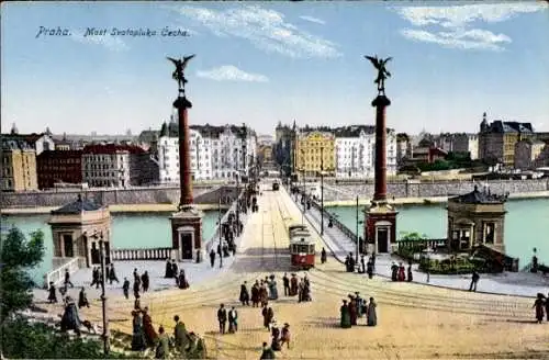 Ak Praha Prag Tschechien, Tschech Brücke, Straßenbahn