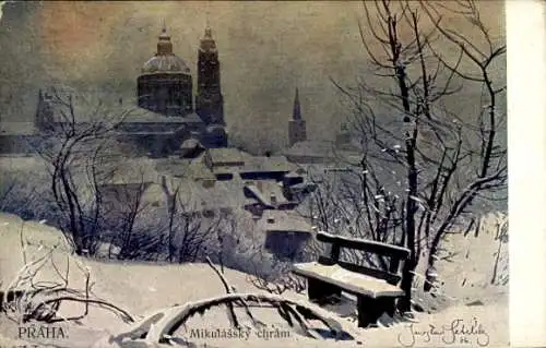 Künstler Ak Setelik, J., Praha Prag Tschechien, Mikulassky chram, Winteransicht